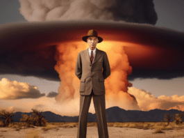 J Robert Oppenheimer standing in front of a mushroom cloud created by an atomic bomb